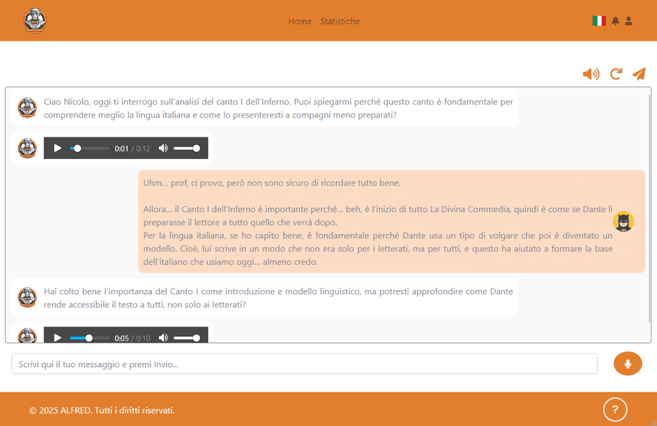Schermata Prof. ALFRED: Tutor AI e interrogazione